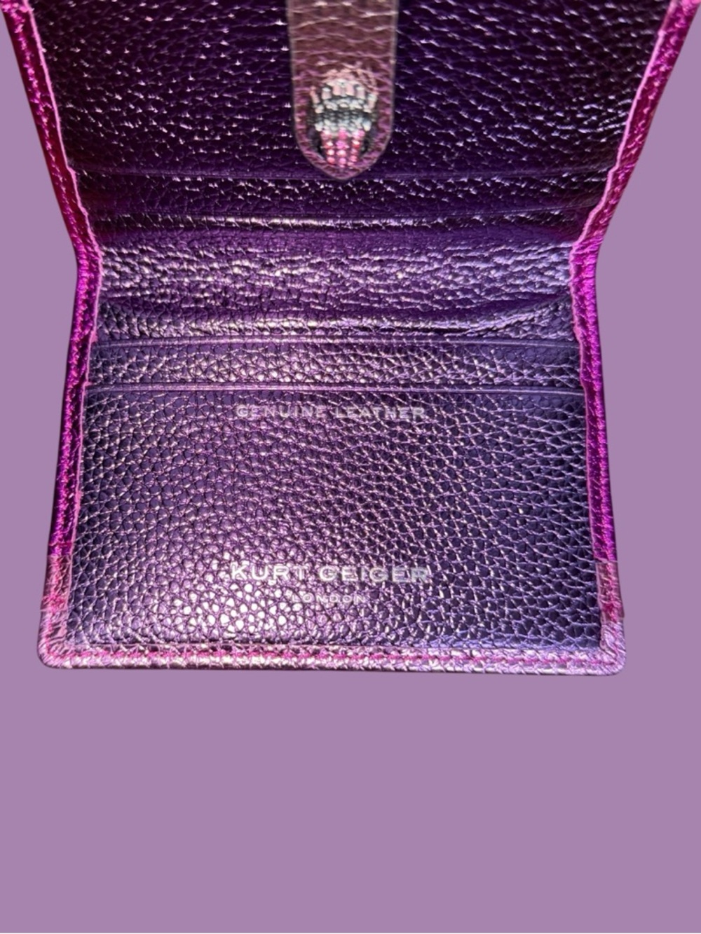 Kurt Geiger Metallic Fuchsia Leather Card Wallet with Gold Strap - Picture 7 of 15
